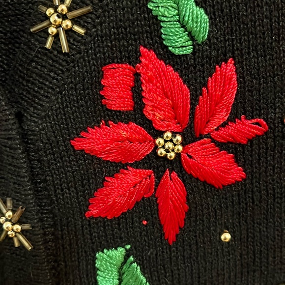 Arriviste cardigan knit vest small black ugly Christmas sweater poinsettias - Picture 3 of 10